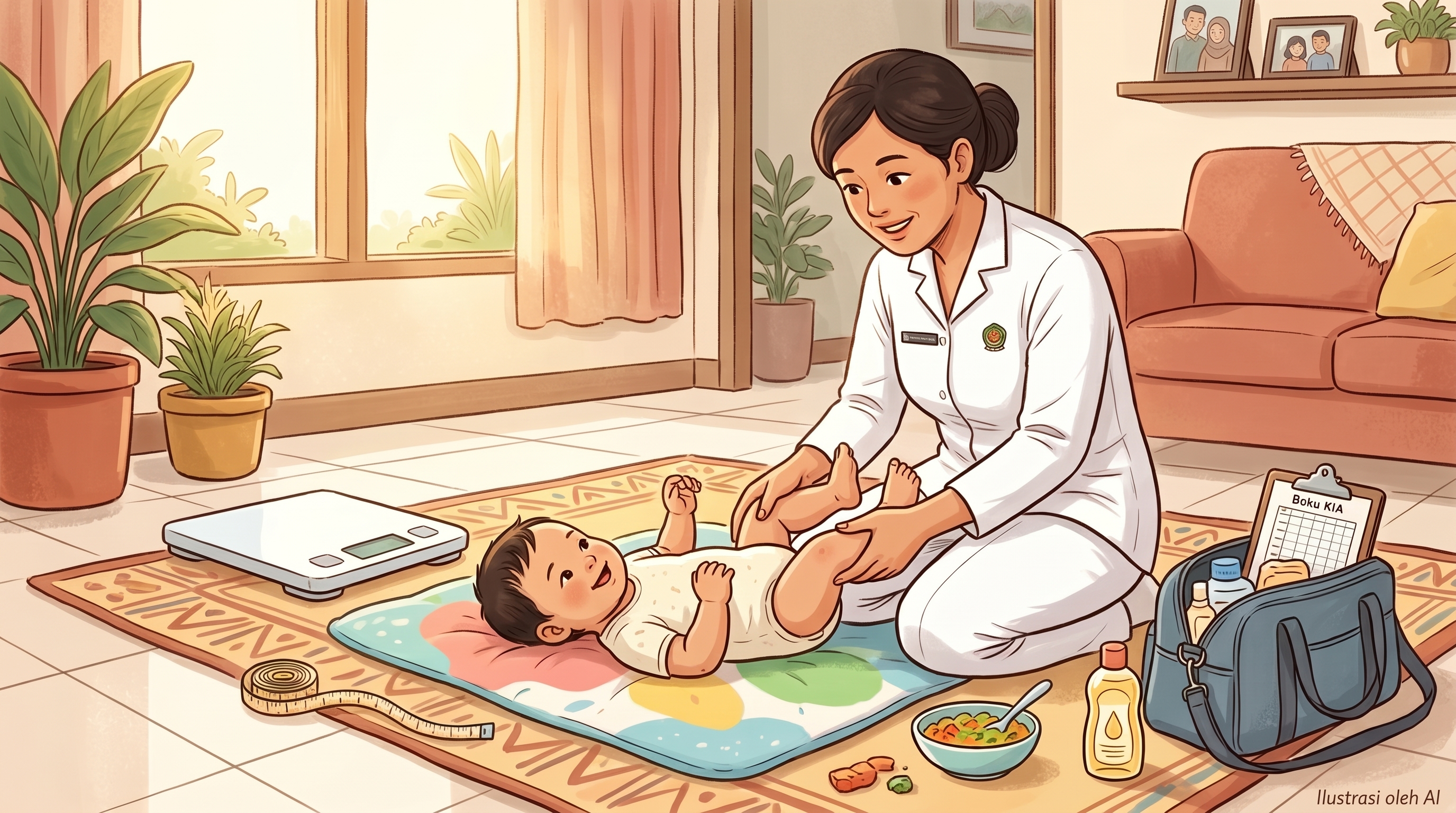 Ilustrasi asuhan kebidanan yang menggambarkan terapi pijat bayi, pemantauan antropometri, serta pemenuhan gizi pendamping (MPASI)